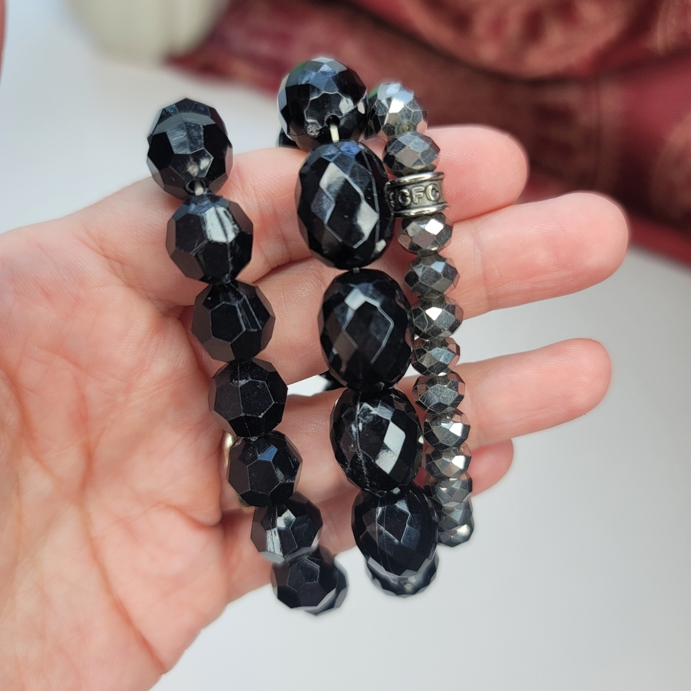 Necklace and Bracelet Set Black Faceted Beads